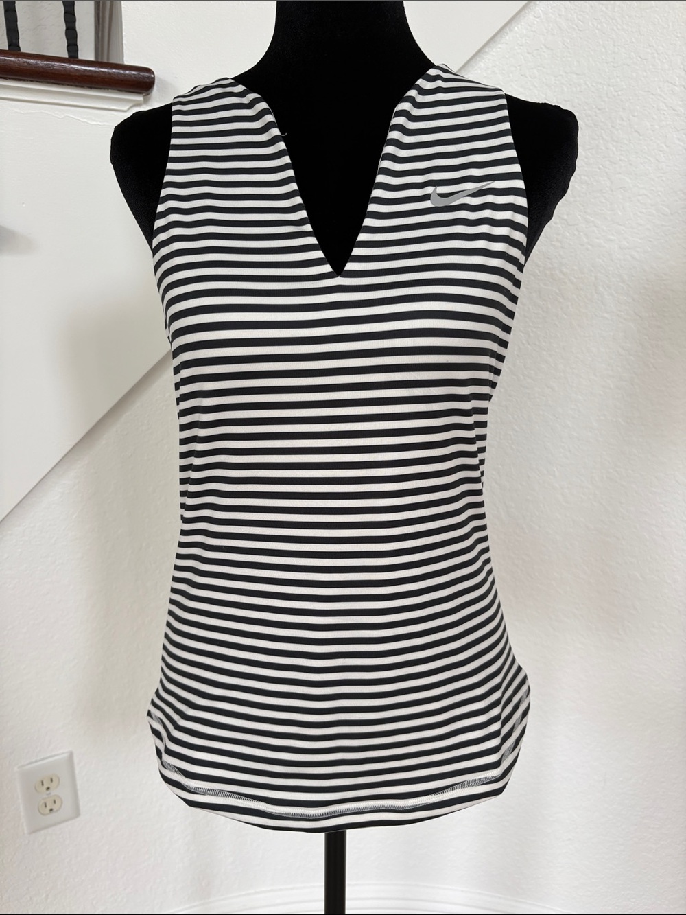 Nike Black and White Striped V-Neck Tank Top